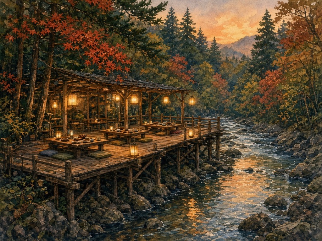 Illustrative painting of seasonal kawadoko riverside dining (not a photo of Kibune Nakayoshi)