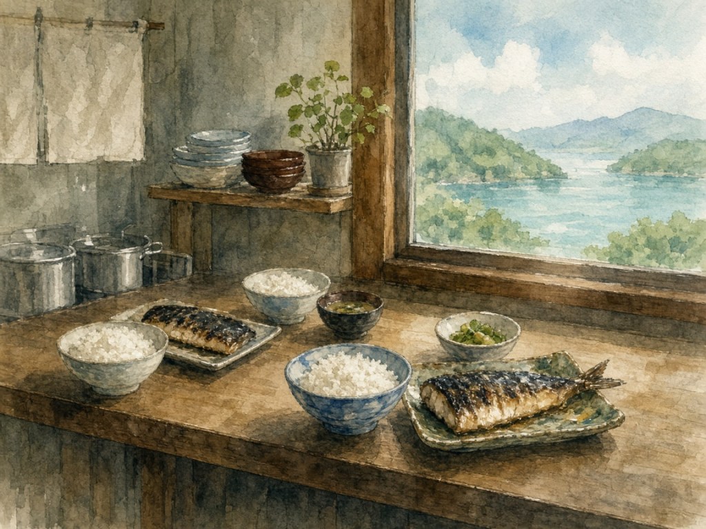 Illustrative watercolor of an island cafeteria (not a photo of Naoshima Shokudo)
