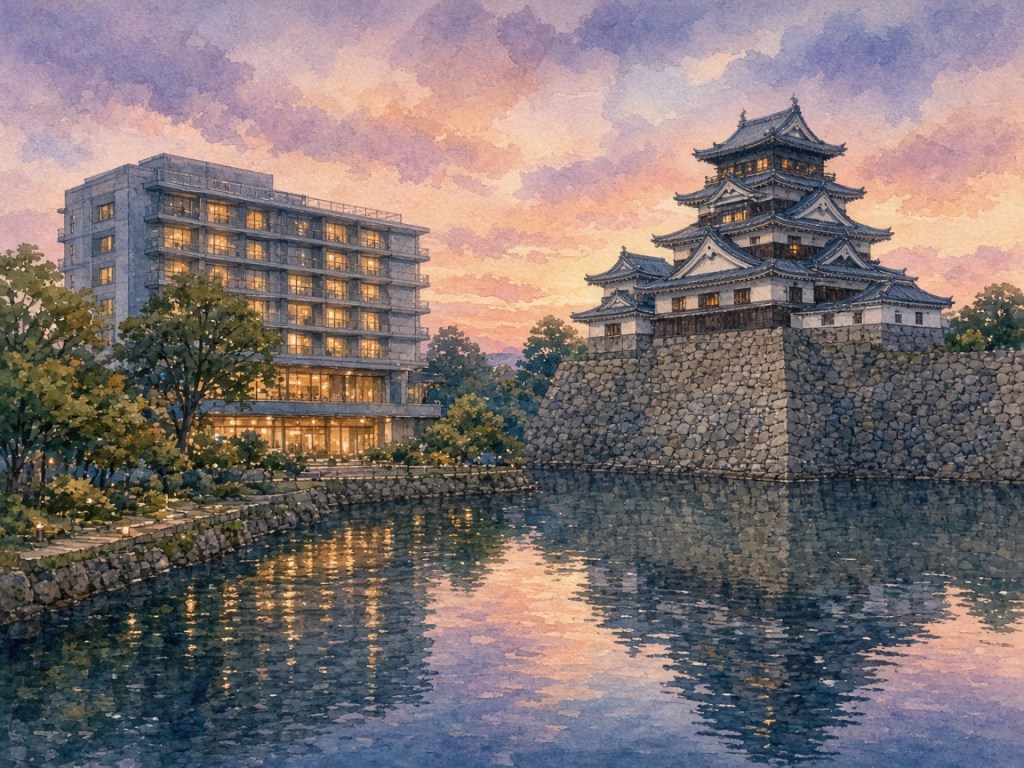 Illustrative watercolor of a city hotel by a castle moat (not a photo of Hotel Nikko Kanazawa)