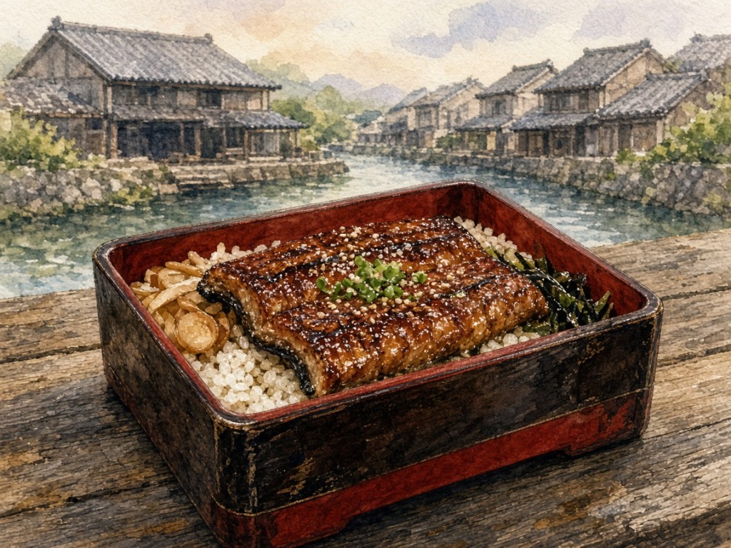 Illustrative watercolor of a grilled-eel meal (not a photo of Ogakiku)