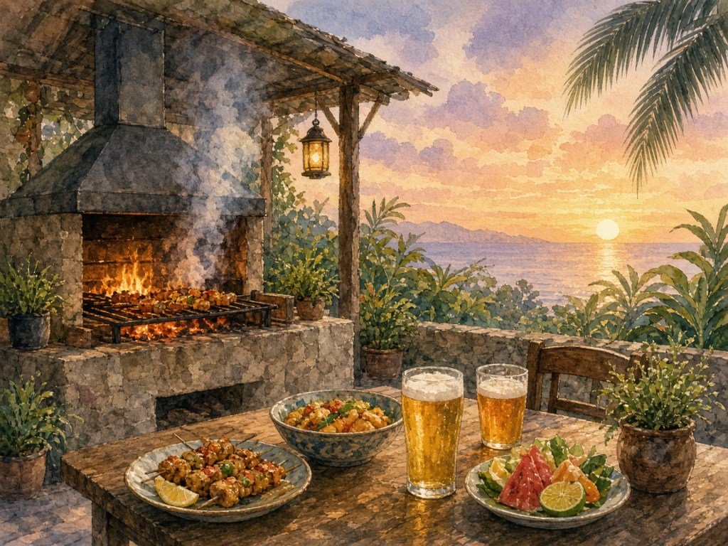 Illustrative watercolor of a charcoal-grill restaurant (not a photo of Orion Beer Dining)