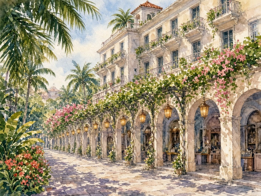 Illustrative watercolor of a shopping-arcade hotel (not a photo of Ryukyu Orion Hotel)