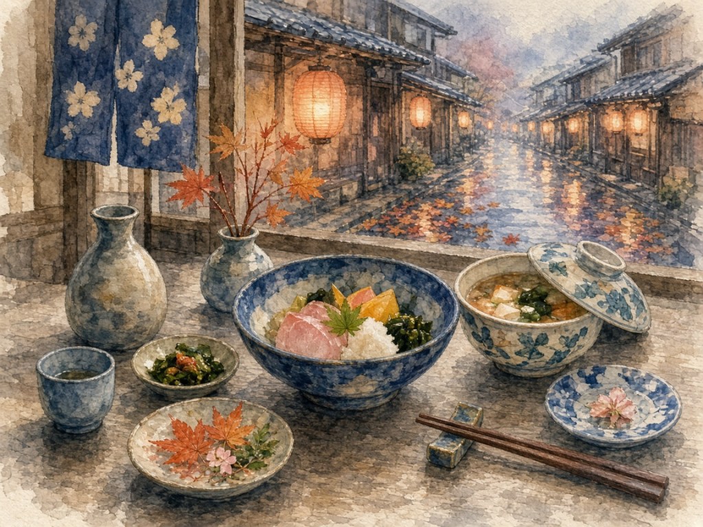 Illustrative watercolor of a Japanese restaurant table (not a photo of Hotel Patio Dogo)