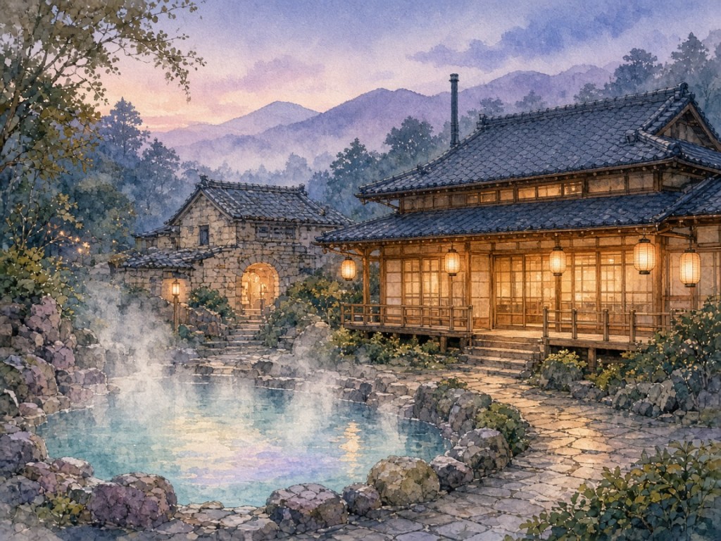 Illustrative watercolor of a hot-spring hotel (not a photo of Hotel Patio Dogo)