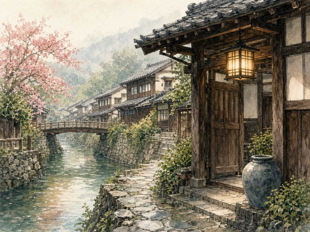 Illustrative watercolor of a traditional ryokan gate (not a photo of Ryokan Kurashiki)