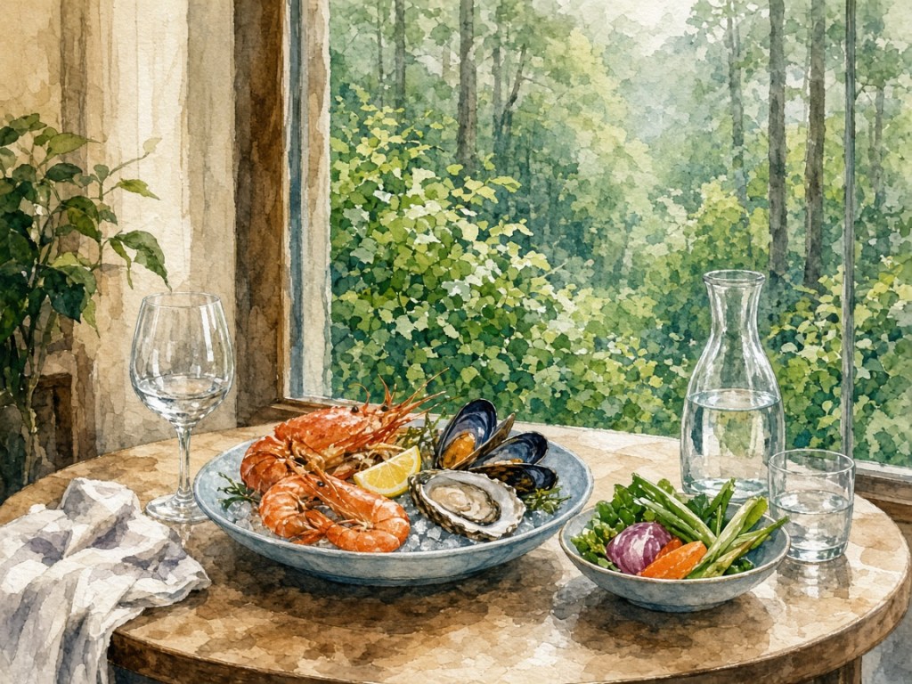 Illustrative watercolor of an island restaurant table (not a photo of The View at samana hotel Yakushima)