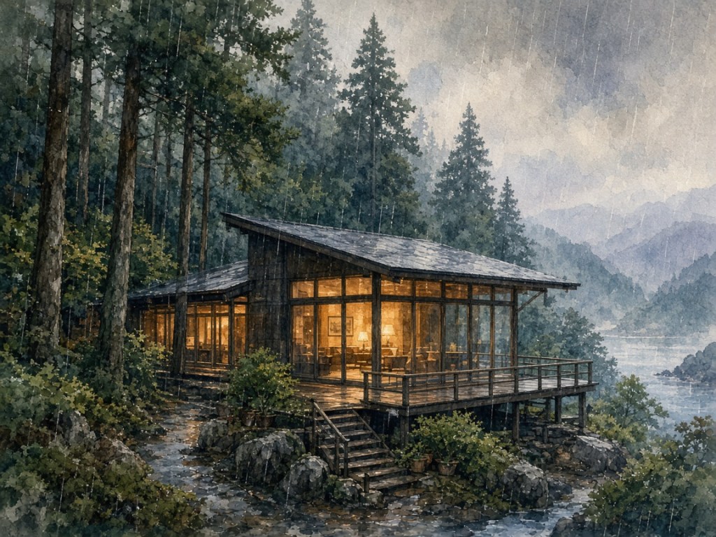 Illustrative watercolor of a forest hotel (not a photo of samana hotel Yakushima)