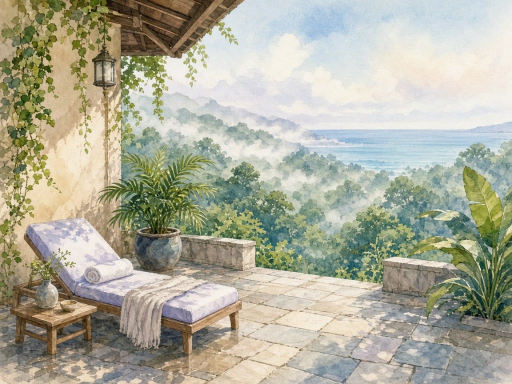 Illustrative watercolor of a forest spa hotel (not a photo of sankara hotel and spa Yakushima)