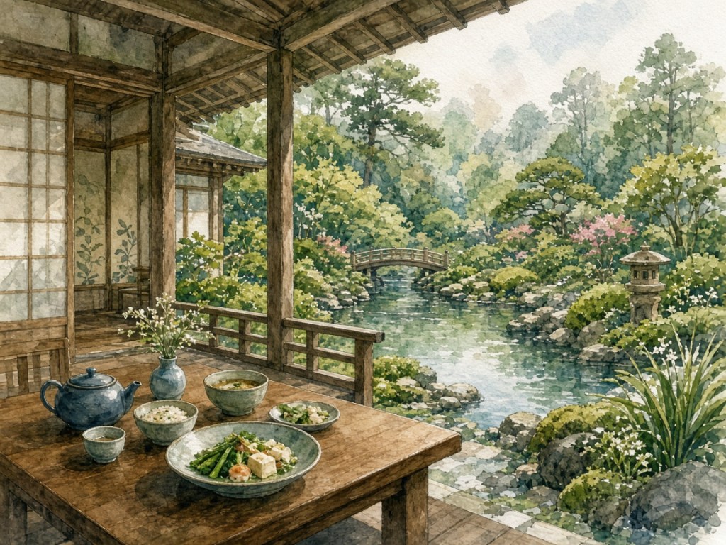Illustrative watercolor of a temple-garden meal (not a photo of Shofuan)