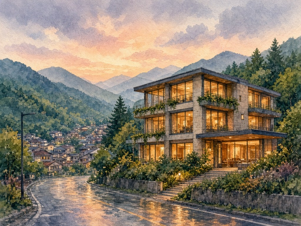 Illustrative watercolor of a mountain-town hotel (not a photo of Solest Takachiho Hotel)