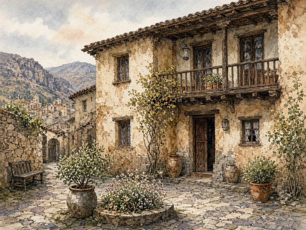 Illustrative watercolor of a historic merchant-house inn (not a photo of Takyo Abeke)