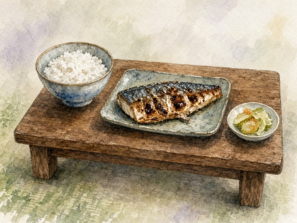 Illustrative watercolor of a homestyle Japanese meal (not a photo of Takyo Abeke)