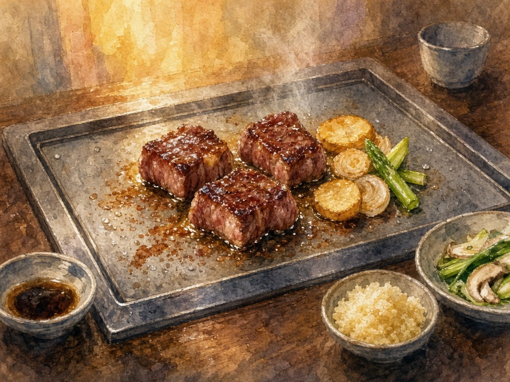 Illustrative watercolor of a teppanyaki meal (not a photo of Teppanyaki Gaku)