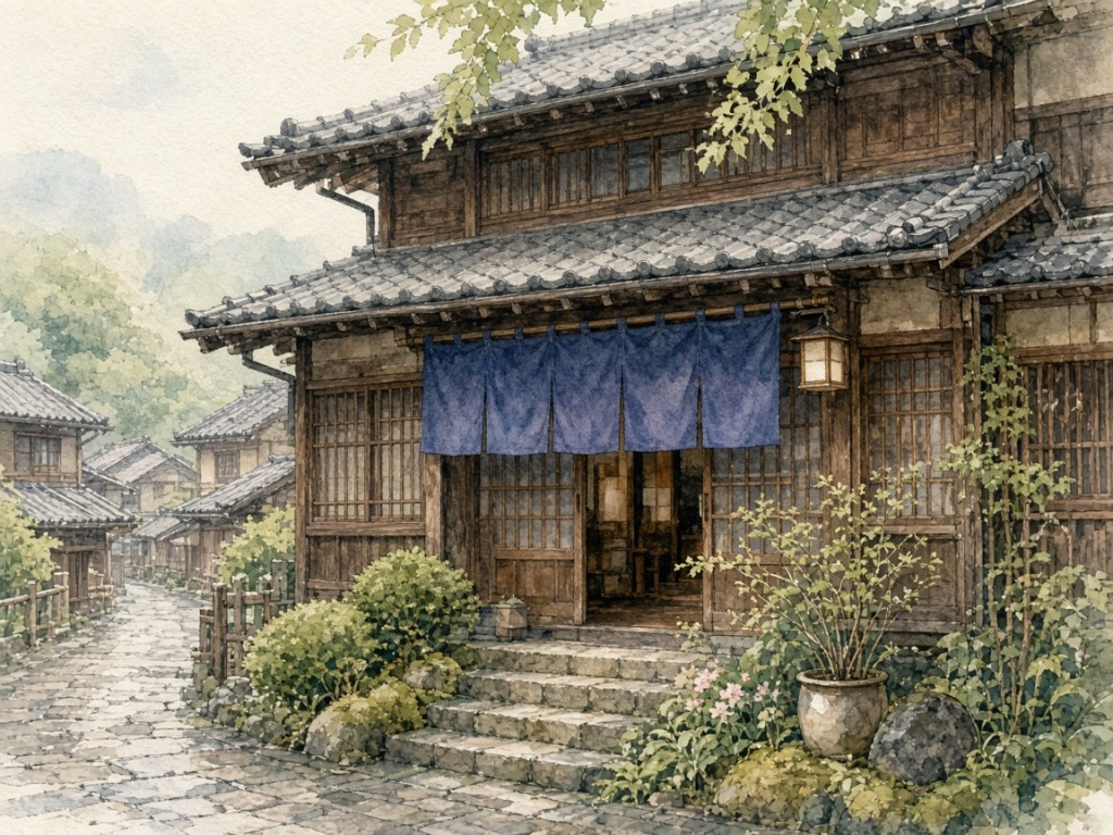 Illustrative watercolor of a tea-town hotel (not a photo of Tomichaya)