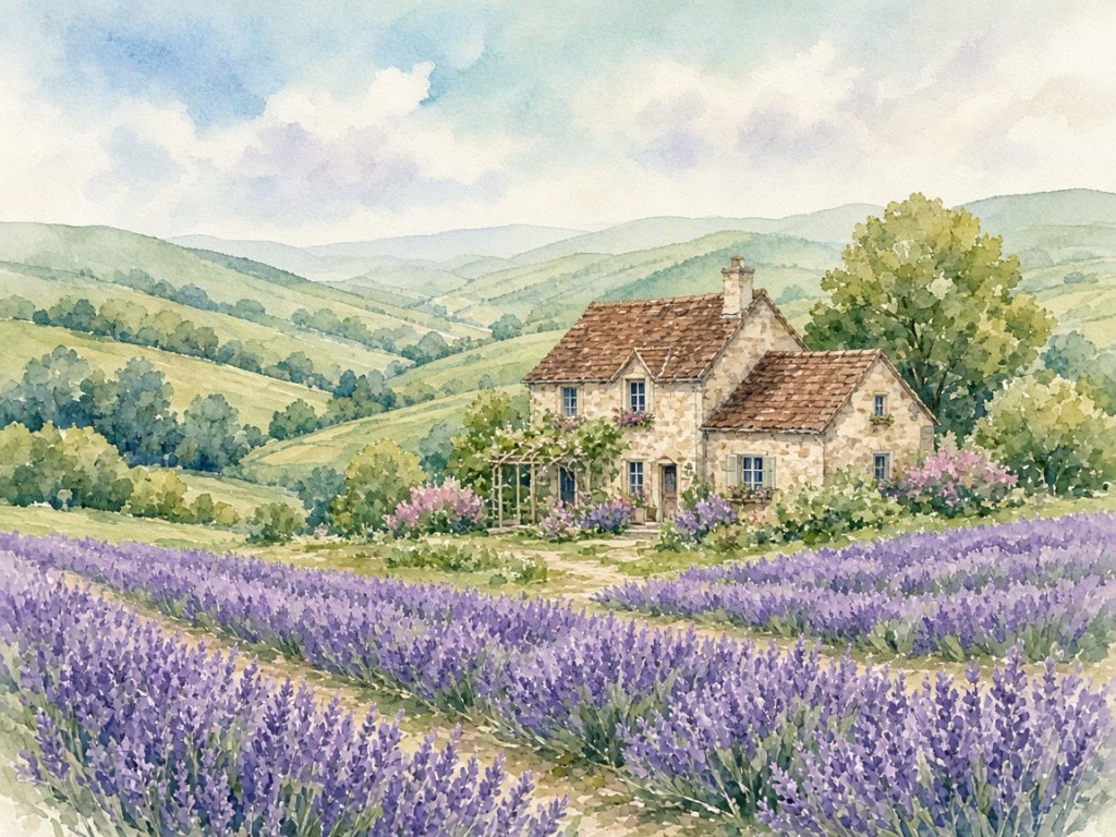 Illustrative watercolor of a pension among flower fields (not a photo of Pension Tomte Rum)