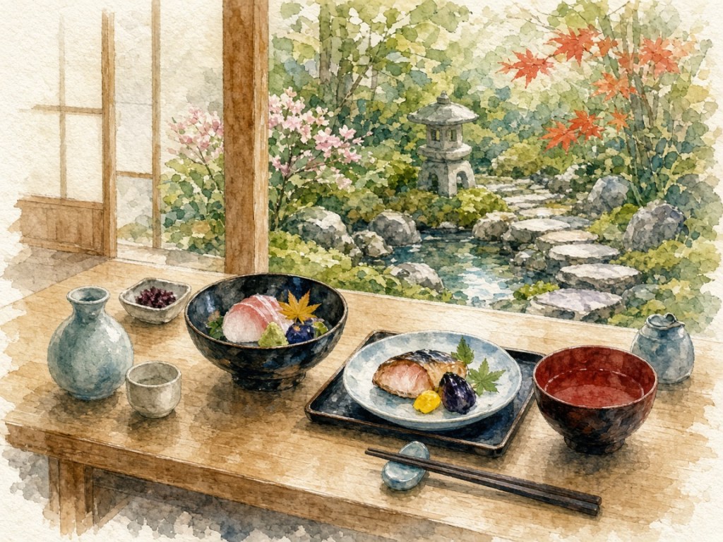 Illustrative watercolor of a Japanese restaurant table (not a photo of Restaurant Tsuta)