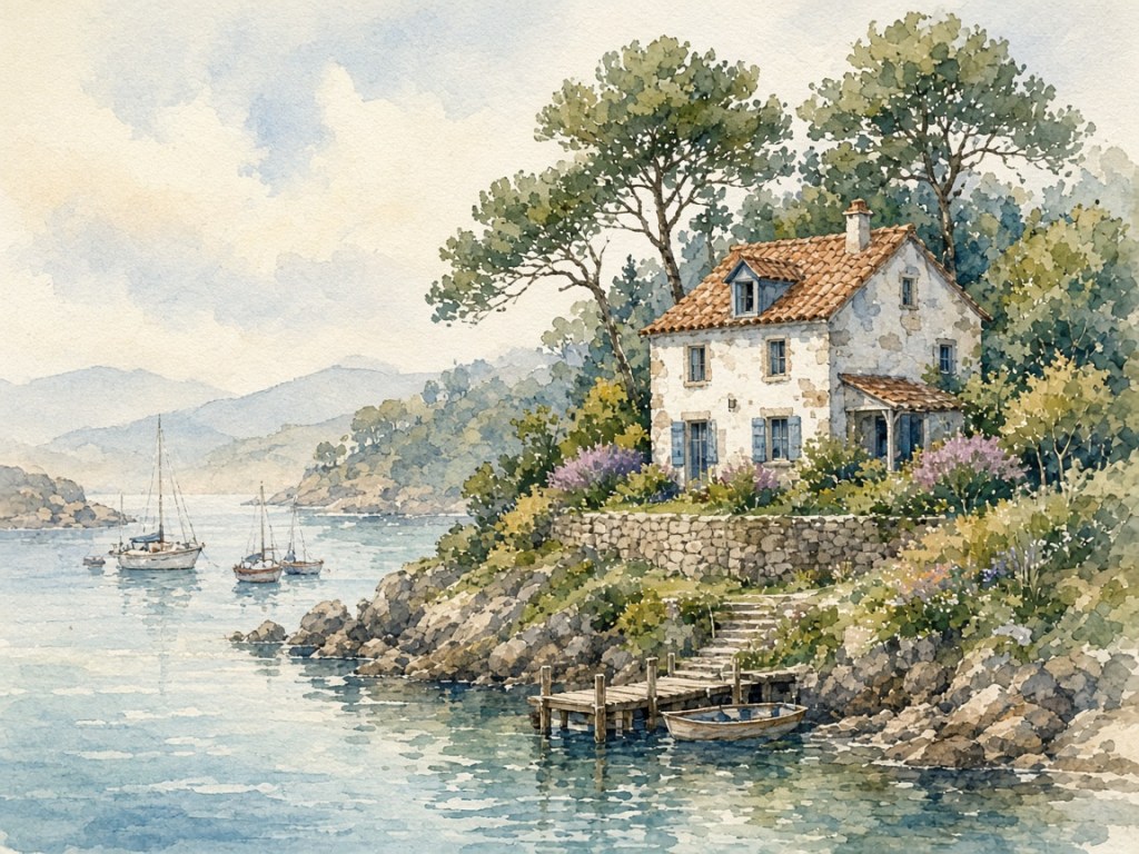 Illustrative watercolor of an island guesthouse (not a photo of Naoshima Tsutsujiso)
