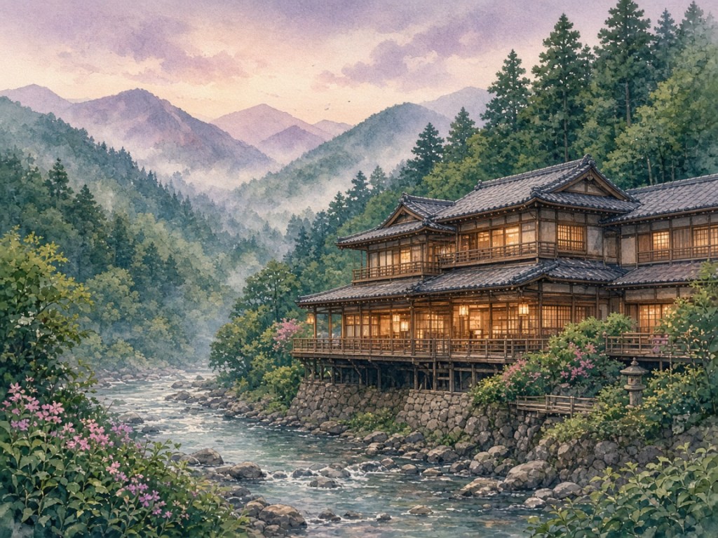 Illustrative watercolor of a mountain riverside Japanese ryokan (not a photo of Kifune Ugenta)
