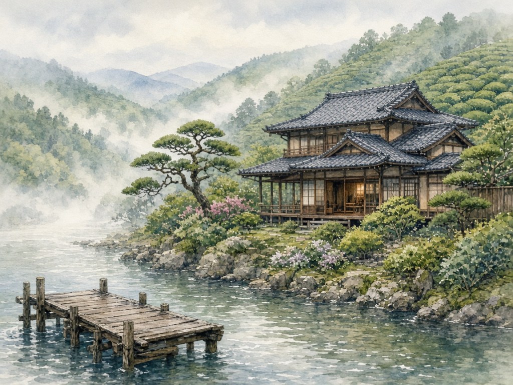 Illustrative watercolor of a riverside ryokan (not a photo of Hanayashiki Ukifune-en)