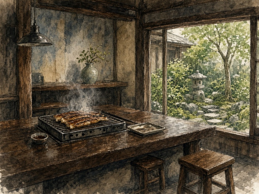 Illustrative watercolor of an eel restaurant counter (not a photo of Unagi Denbe)