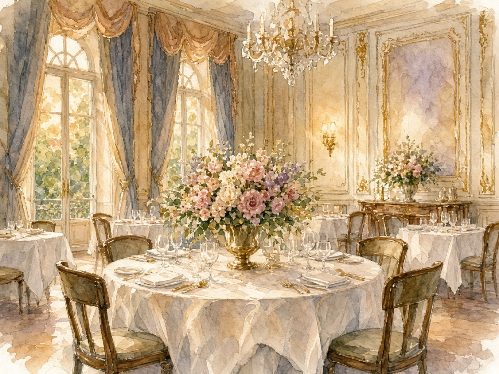 Illustrative watercolor of a hotel dining room (not a photo of Restaurant Wisteria)