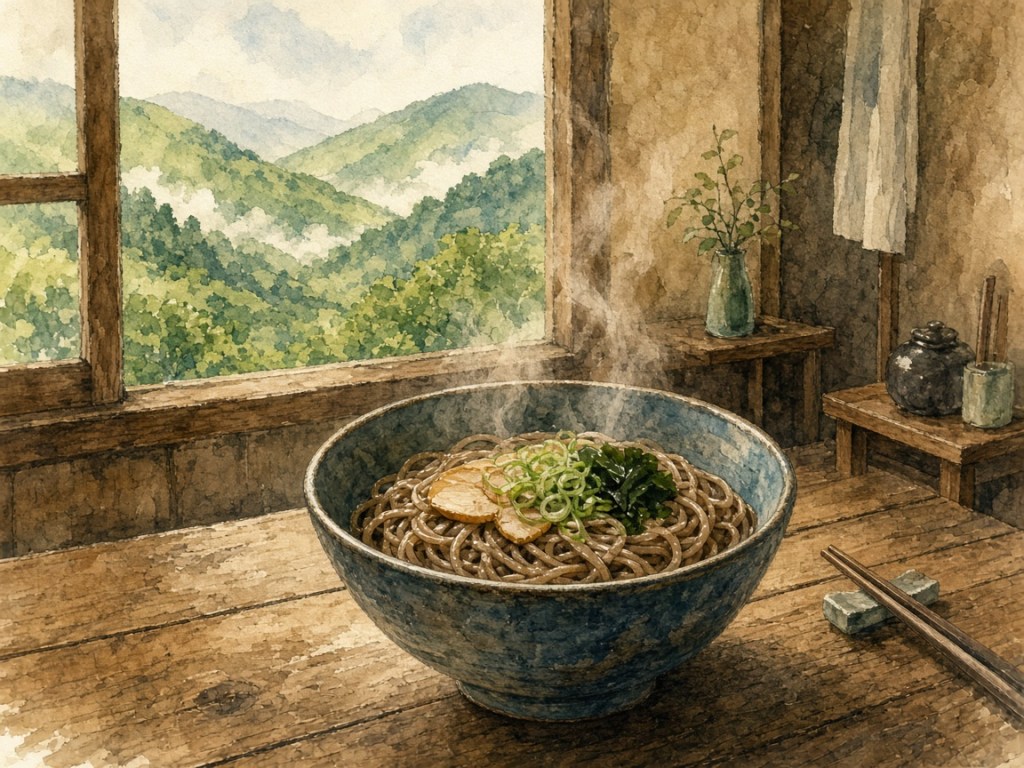 Illustrative watercolor of soba noodles (not a photo of Sobasho Yamakoshi)