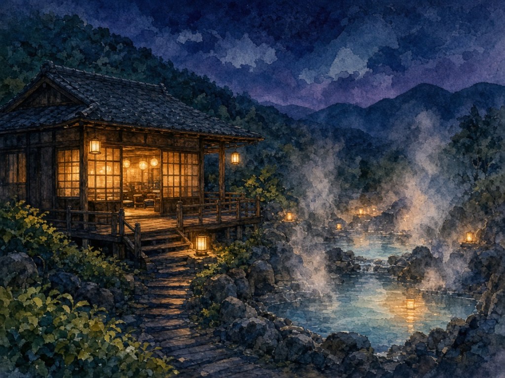 Illustrative watercolor of a restaurant by a hot-spring field (not a photo of Yubatake Manten)