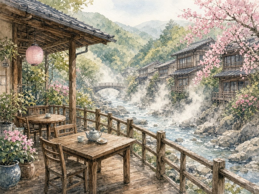 Illustrative watercolor of a terrace cafe by a steaming stream (not a photo of Yugawa Terrasse)