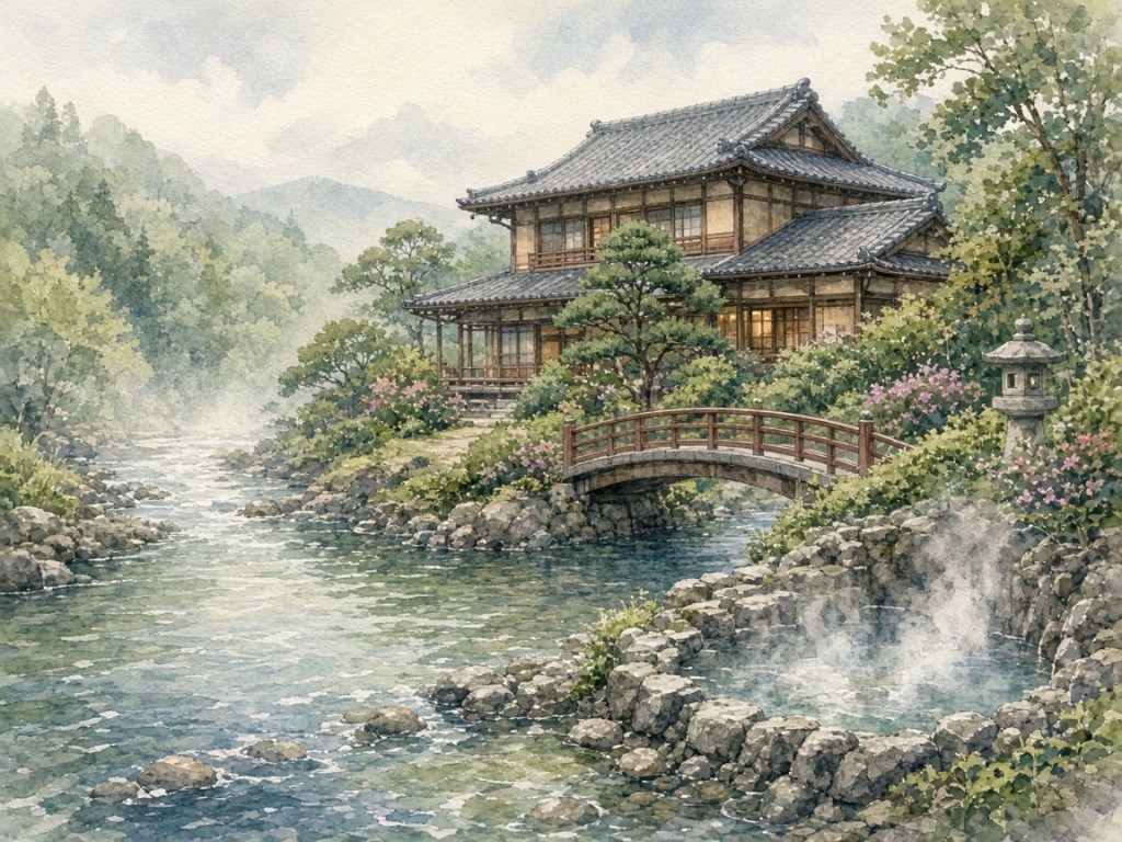 Illustrative watercolor of a riverside hot-spring hotel (not a photo of Yumoto Fujiya Hotel)