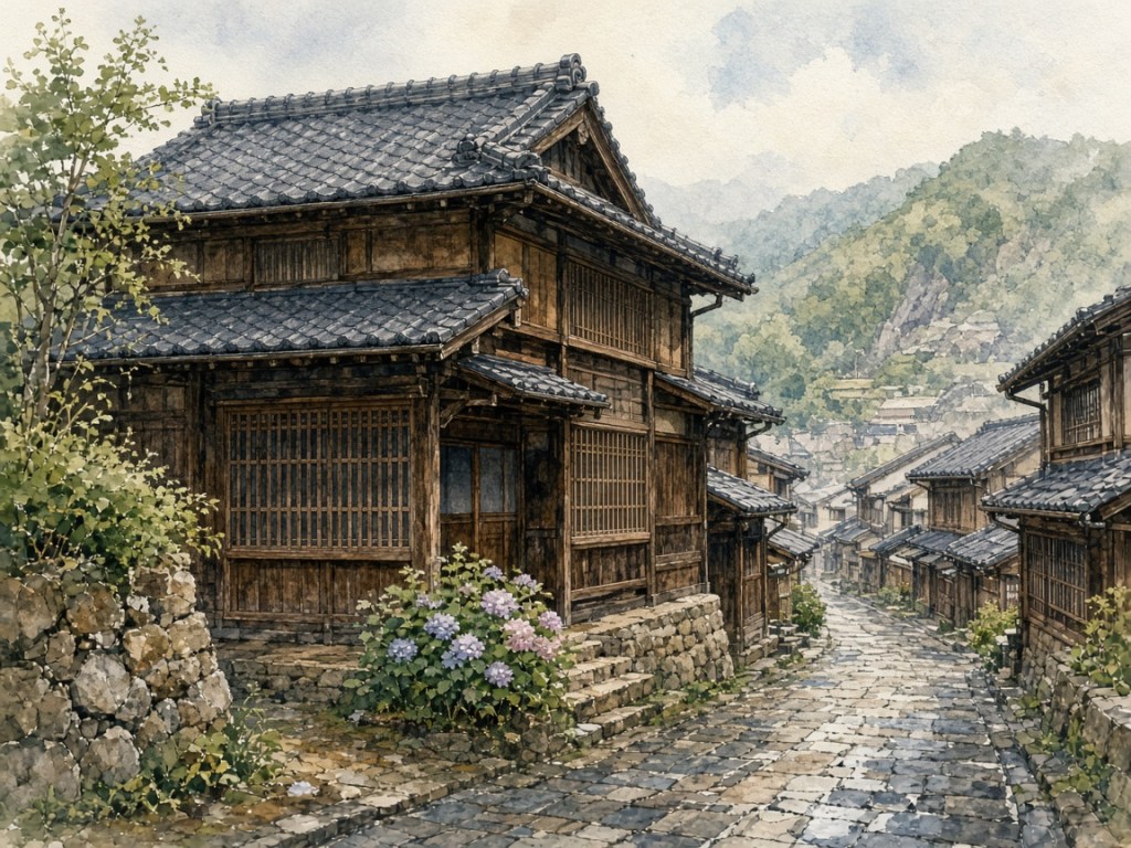 Illustrative watercolor of a small historic-town inn (not a photo of Yuzuriha)