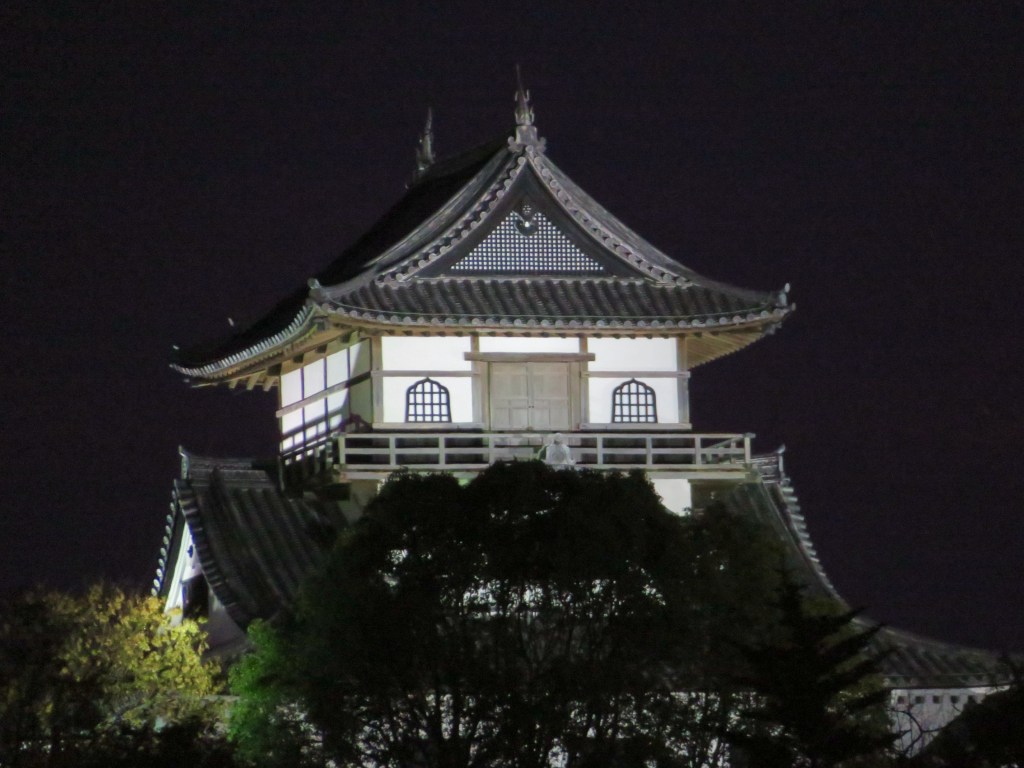 Inuyama Castle at night, seen from the castle town in Aichi, Japan
