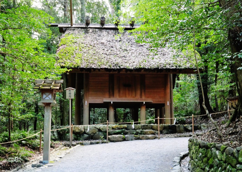 Torii and shrine buildings at Ise Jingu in Mie, Japan