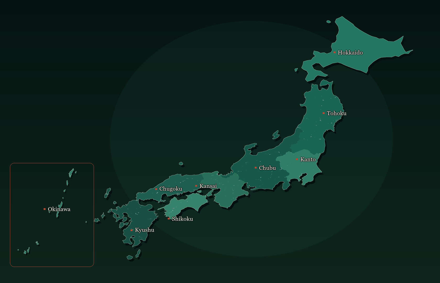 Illustrated map of Japan's nine regions. Okinawa is shown in the inset.