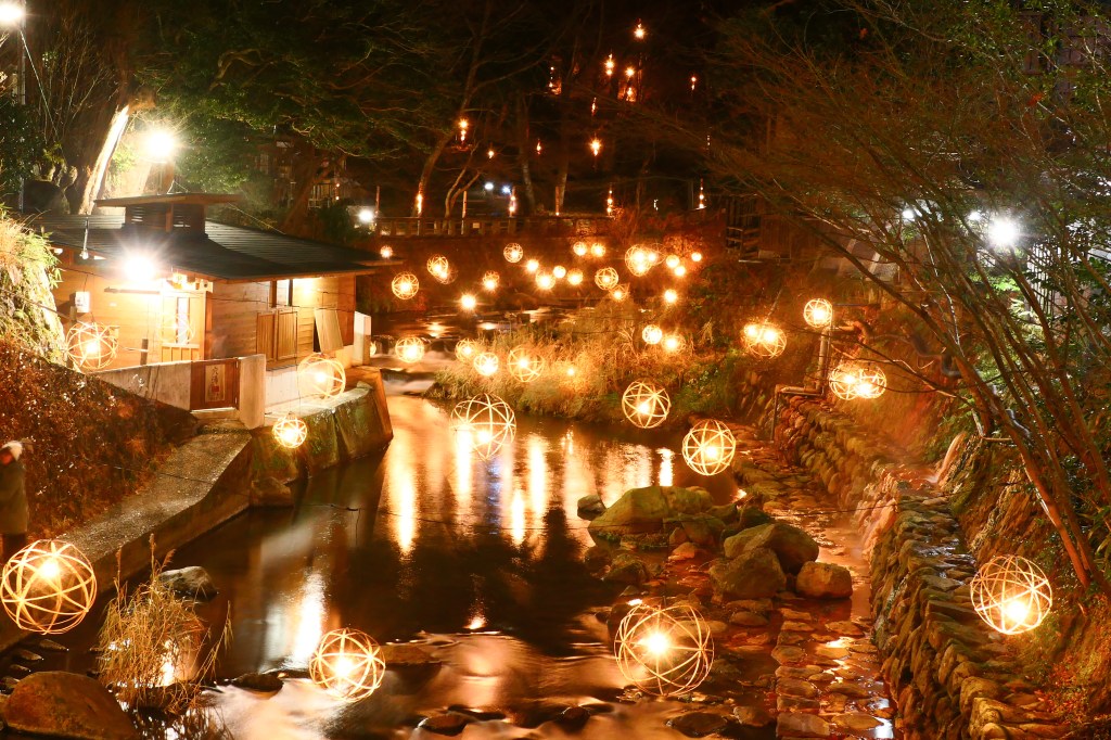 Lanterns along the stream in Kurokawa Onsen, Kumamoto, Japan