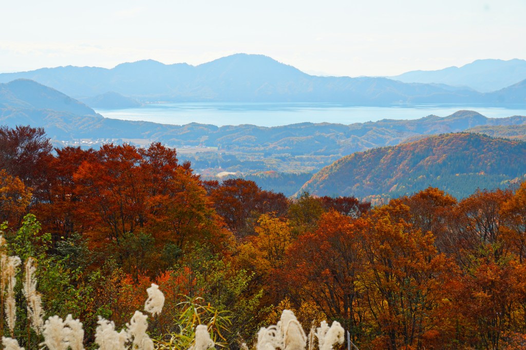 A shrine and the lake shore at Lake Tazawa, Akita
