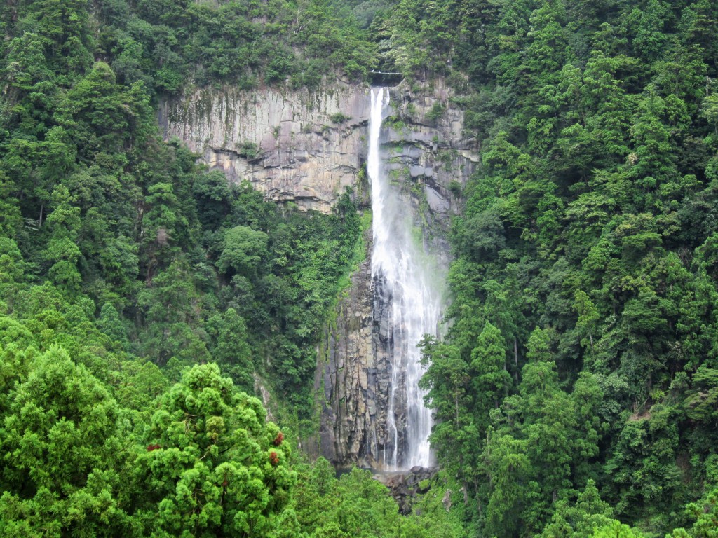 Wide view of Nachi Falls and its rocky plunge pool from the viewing area