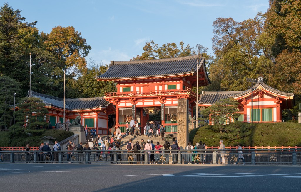 The lantern-lit gate of Yasaka Shrine during Gion Matsuri