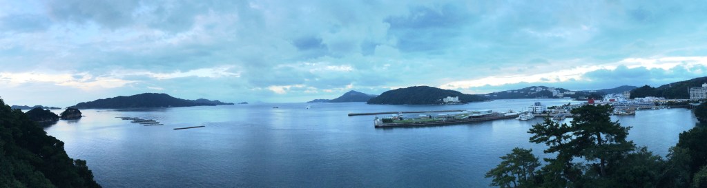Boats and pearl rafts in the bay at Toba, Mie